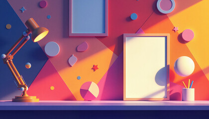 Vibrant geometric abstraction on modern desk, dynamic depth exploration