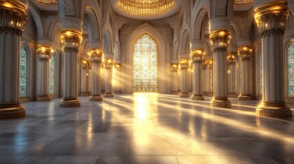 Fototapeta premium Wide shot of a mosque interior with grand columns and intricate stained glass windows illuminated by sunlight. Generative AI