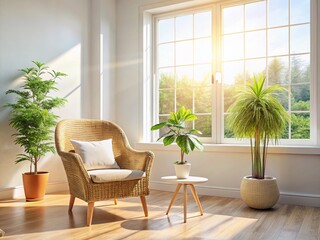 Fototapeta premium Serene Bright Room: Large Window, Cozy Chair, Plant Basket - Peaceful Relaxation