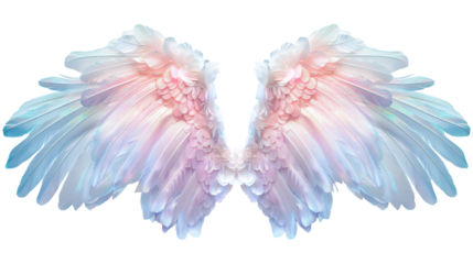 Soft pastel angel wings isolated. A beautifully detailed pair of ethereal wings in shades of pink, blue, and white, glowing with celestial elegance. AI generated.  .