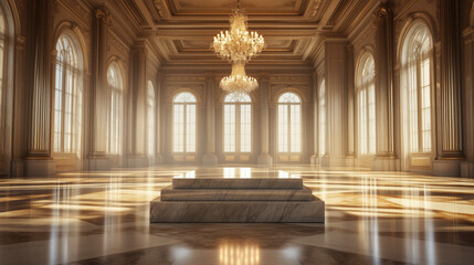 Fototapeta premium Polished Granite Podium in a Grand Ballroom with High Ceilings, Chandeliers, Soft Warm Lighting Reflecting Off the Marble Floor, Perfect for Premium Fashion and Jewelry Product Photography copy space