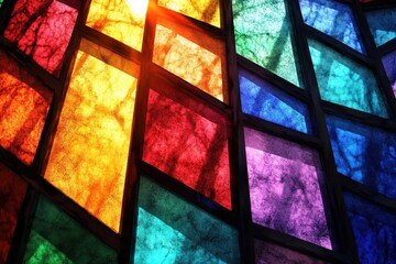 A beautiful colorful stained glass window with sun rays shining