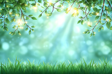 Obraz premium spring background with blurred green grass and sun rays.