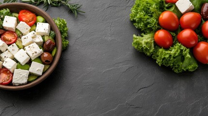 A colorful bowl of fresh salad featuring cherry tomatoes, cucumbers, black olives, and feta cheese, garnished with arugula on a dark surface