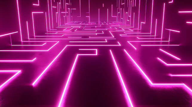 Pink neon light maze abstract background. Escape - Beach. Illustration