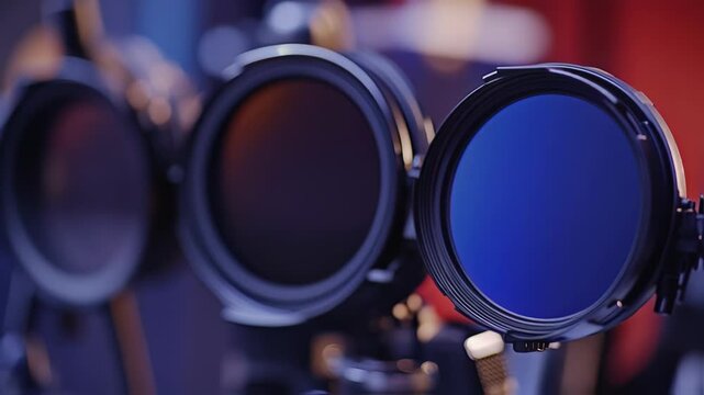 Lighting equipment with a blue filter is ready for use in an entertainment production, potentially enhancing the visual atmosphere and mood