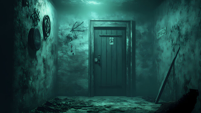 Scary escape room filled with dark and spooky elements, horror, fear, suspense, puzzle, trapped, room, challenge, creepy. Escape - Beach. Illustration