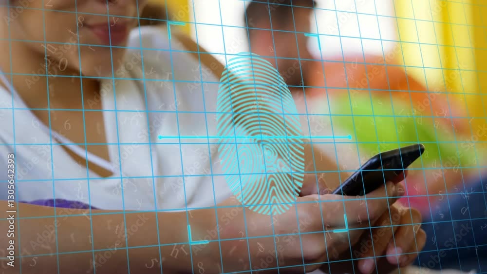 Poster fingerprint scanning animation over person using smartphone in colorful setting