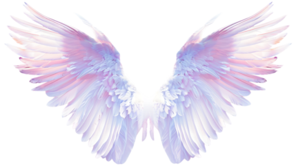 Glowing pastel angel wings with soft feathers. Ethereal and divine symbol of purity, grace, and spirituality. Wings isolated AI generated.  .