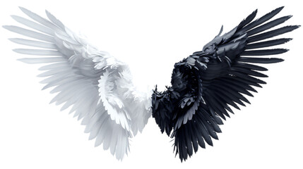 Obraz premium Black and white angel wings symbolizing harmony. Ethereal feathers representing balance between light and darkness. Wings isolated AI generated. .