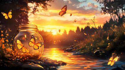 Sunset butterflies escaping jar by forest stream. Escape - Beach. Illustration