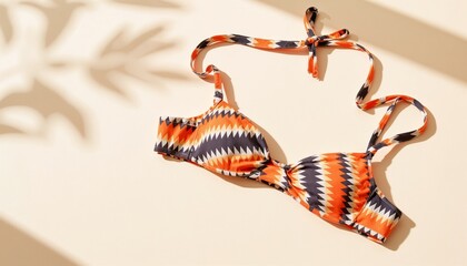 Patterned bikini mockup with orange, black, and white zigzag design on neutral background with soft shadows.