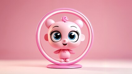Fototapeta premium A pink toy with big blue eyes inside of a pink circle.