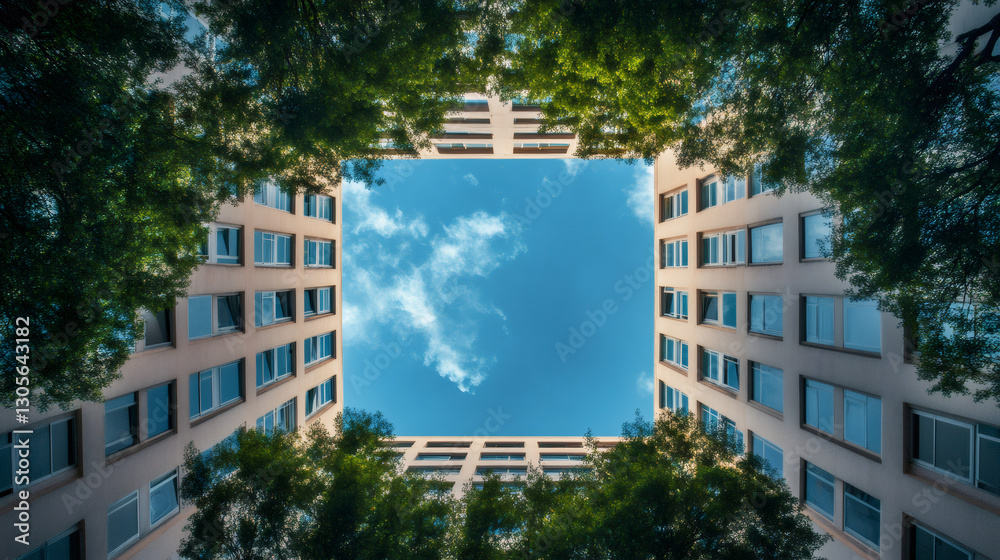 Aufkleber low angle view of apartment buildings with green trees surrounding them, framing a blue sky with som