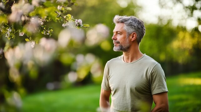 Thoughtful middle-aged man in a tranquil garden.
