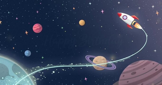 Editable template for a Happy Birthday greeting card with a space rocket theme.