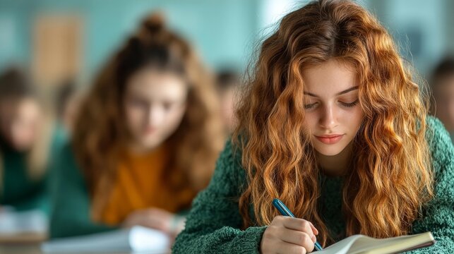 High school student writing in notebook focused during class with classmates in the background studying quietly. Generative AI