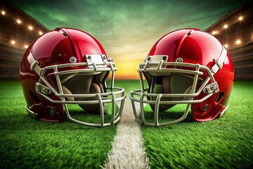 Fototapeta premium Two red football helmets face off on a green field, symbolizing intense competition, teamwork, and rivalry