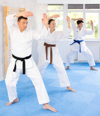 Three athletes have taken starting position and studying and repeating sequence of punches and...