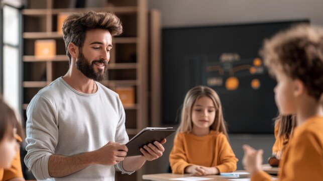 A teacher interacting with students in a classroom while presenting with a tablet and engaging with digital learning tools. Generative AI