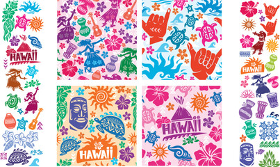 Set of Hawaiian Seamless and elements, Summer Beach decor, perfect for textiles, wrapping paper, fabric prints, stationery, and decorative surfaces