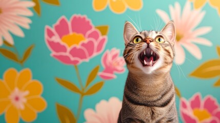 Tabby cat meows with mouth open against a floral background.