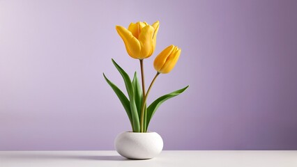 Fototapeta premium A white vase with two yellow tulips in it on a table.