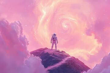 Fototapeta premium An astronaut stands atop a mountain looking at a nebula
