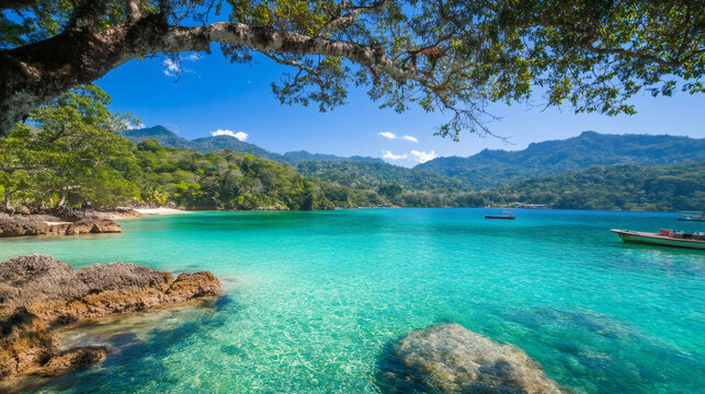 Pristine turquoise waters caressing rocky coastline, verdant hills surrounding serene boats drifting across tranquil lagoon - Powered by Adobe