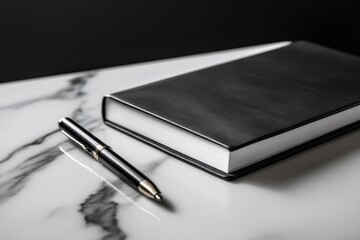 Elegant black notebook and pen on marble surface in minimalist setting