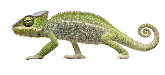 Obraz premium A veiled chameleon, Chamaeleo calyptratus, in isolated side view