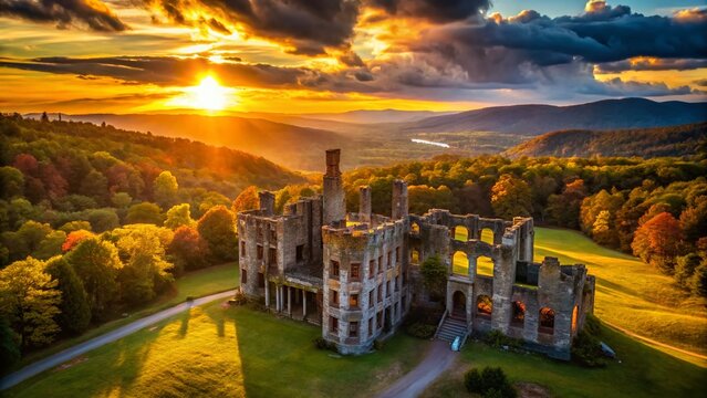 Silhouette: Dundas Castle Ruins, Catskill Mountains, New York - Gothic Revival Architecture at Sunset