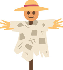 The illustration depicts a scarecrow with a straw hat a smile and a patched up outfit