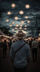 Obraz premium Young caucasian male in hat at evening festival with lanterns in the sky