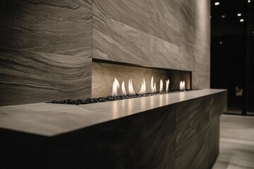 Modern indoor fireplace with smooth stone finish and soft flame lighting