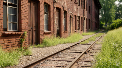 Fototapeta premium Old disused railway line with grass growing between the tracks next to an abandoned factory building
