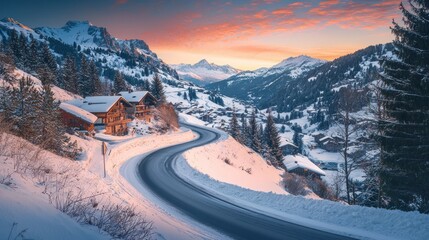 Scenic winter road winding through snowy mountain village at sunrise.
