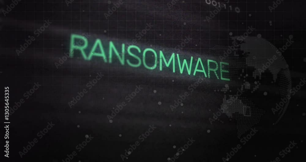 Poster ransomware animation with digital world map and binary code in background