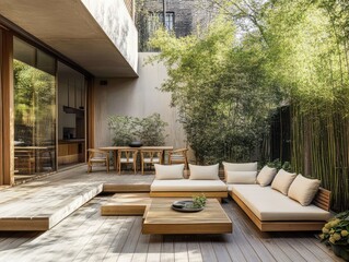 Modern outdoor living space featuring wooden furniture and bamboo greenery