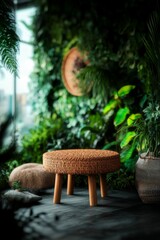 Obraz premium Round woven stool in a lush green setting.