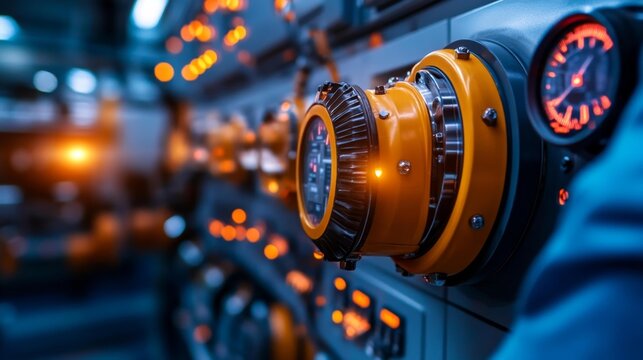Intricate Machinery in a Nuclear Power Plant Control Room with Bright Gauges. Generative AI