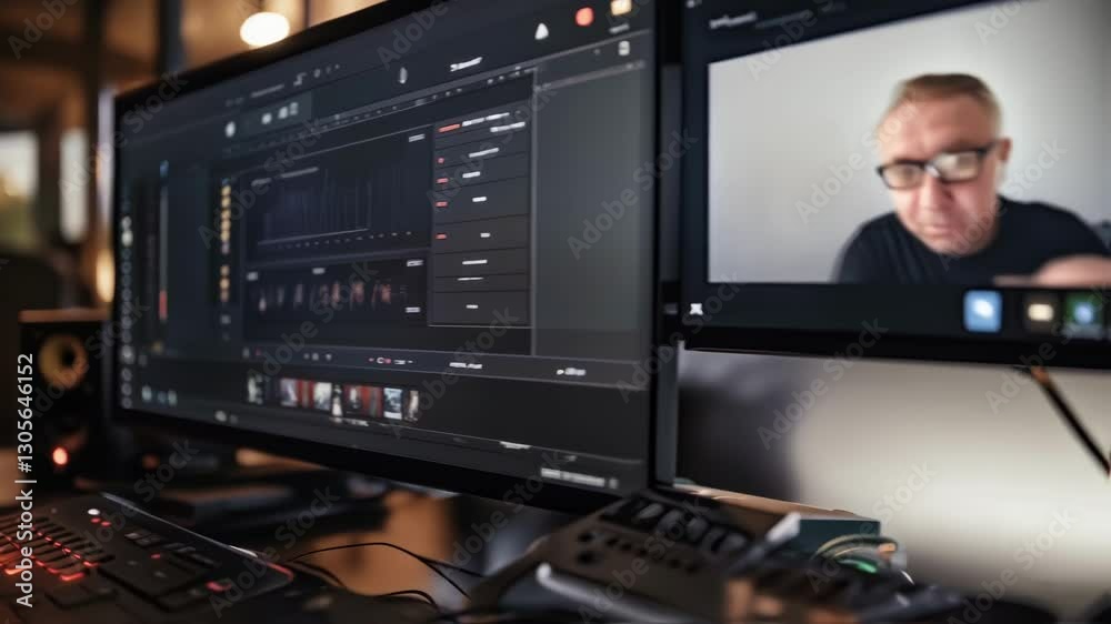 Poster post production process involves a video editor utilizing professional software, adjusting audio lev