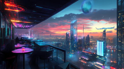 A futuristic urban escape with bioluminescent rooftop bars and holographic cityscape views promoting vibrant travel. Escape - Beach. Illustration