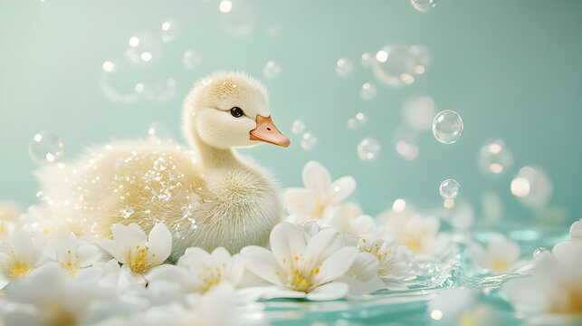 Fluffy Baby Duckling Surrounded by Sparkling Water, White Flowers, and Floating Bubbles in a Soft Fantasy Illustration