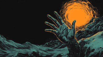A hand reaching out from a dark depth. Escape - Beach. Illustration
