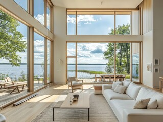 Fototapeta premium Modern lakeside home interior features large windows and a comfortable design