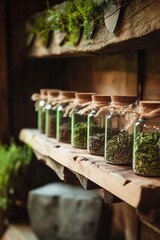 Glass jars filled with dried herbs sit on a rustic wooden shelf.