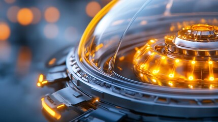 Close-Up View of a Futuristic Spacecraft Engine with Glowing Lights and Metallic Details. Generative AI