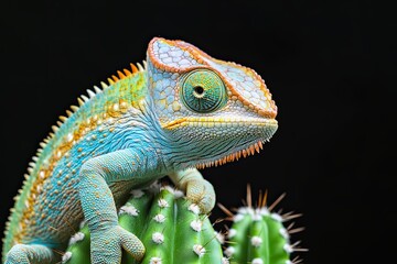 Obraz premium Detailed macro of the head of a blue bar panther chameleon on a black background