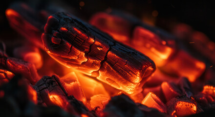 Burning Coals and Glowing Embers with Heat and Light in a Close-up Fire Texture Background